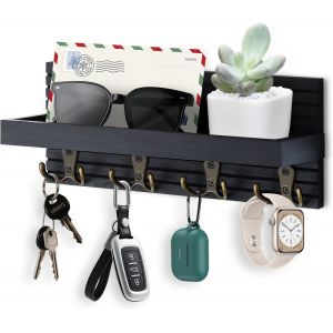 Cauc-Porte Clef En Bois Avec &Eacute;tag&egrave;re, Porte-Cl&eacute;s Mural Avec &Eacute;tag&egrave;re Et 4 Crochets, D&eacute;coration Support Clef Mural Pour Salon, Salle De Bain, Cuisine, Rangement Des Cl&eacute;s Et Courrier &Agrave; L'entr&eacute;e, Noir - Neuf
