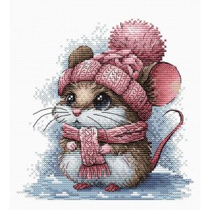 Kit Point De Croix Compt&eacute; Ava "Petite Souris Avec Bonnet D&iquest;Hiver" 13.5x14 Cm - Neuf