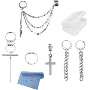 6 Pieces Kpop Bts Jimin Same Paragraph Tassel Chain Asymmetry/Hip-Hop Street Earrings/Wings Chain Tassel/Long/Circles Earrings With Mini Fabric Transparent Box, Stainless Steel - Neuf