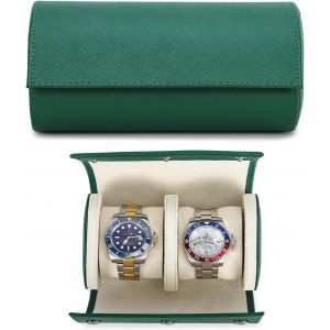 Kal-Étui De Rangement Pour Montre En Cuir Saffiano Boîte De Montre De Voyage En Cuir Pour 2 Montres Étui De Montre Portable Pour Homme Avec Coussins Amovibles (Vert) - Neuf