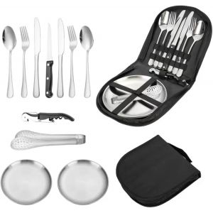 Ulteronixshop-Set De Couverts De Camping Pour 2 Personnes - 11 Pi&egrave;ces - En Acier Inoxydable - Avec Fourchettes, Couteaux, Cuill&egrave;res, Assiettes, Clips, D&eacute;capsuleurs Et Sac &Agrave; Couverts - Set De Couverts - Neuf