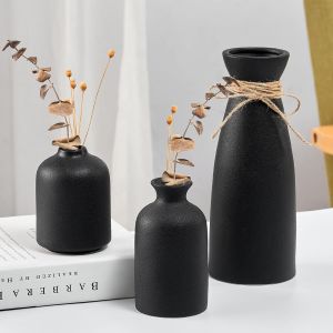 Lot de 3 petits vases décoratifs en céramique noire, déco moderne pour maison de campagne, vase décoratif en herbe de la pampa, support créatif (noir) - Neuf