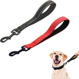 Lot De 2 Laisses Pour Chien - 30 Cm - En Nylon - Avec Poign&eacute;e Rembourr&eacute;e - Laisse Tactique Courte - Pour Chiens De Taille Moyenne Et Grande - Noir Et Rouge - Neuf