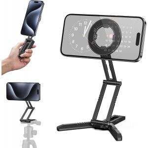 LORANKA-CAMOLOGEEK MG-03 Pro Aluminium Tr&eacute;pied Support de t&eacute;l&eacute;phone magn&eacute;tique pour iPhone 16 15 14 13 12 Pro Max Plus, avec Interface 1/4"" et Arca-Swiss, pour Salle de Sport et Voyage - Neuf