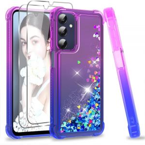 Kal-Coque Pour Samsung Galaxy A25 5g Avec Verre Trempé [Lot De 2], Fille Liquide Paillette Transparente Silicone Gel Tpu Antichoc Kawaii Etui Housse Pour Galaxy A25 Violet Bleu - Neuf