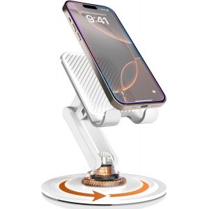 JGD-Support 360&deg; - Support de t&eacute;l&eacute;phone Ajustable pour Bureau | Support Mobile Rotatif 360&deg;, Multi-Angle, Base m&eacute;tallique, Pliable, Portable | Support de t&eacute;l&eacute;phone de Bureau (Blanc Cr&egrave;me) - Neuf