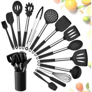 Mevronisshop-Lot De 15 Ustensiles De Cuisine En Silicone Avec Porte-Ustensiles, Antiadh&eacute;sifs Et R&eacute;sistants &Agrave; La Chaleur, Avec Poign&eacute;e En Acier Inoxydable, Fouet, Spatule, Cuill&egrave;re, Noir - Neuf