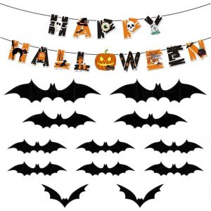 Decoration Halloween Banni&egrave;re, Avec 12 Pi&egrave;ces 3d Chauve Souris Halloween, Banni&egrave;re De Guirlande Halloween, Banni&egrave;re Citrouille, Fant&ocirc;me, Chauve-Souris Et Cr&acirc;ne, Pour D&eacute;corations De F&ecirc;te D'halloween - Neuf