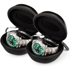 Bnhgc-Boîte Montre Voyage,Montre Fermeture À Glissière Étui,Avec Mousqueton Et Éponge,Portable Montre Ronde Boîte De Rangement,Convient À Toutes Les Montres Inférieures À 50 Mm (Noir-2 Pièces) - Neuf