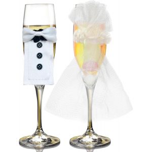 Lot De 4 Flûtes À Champagne Pour Mariage Avec Mariée Et Marié,Décoration De Bouteilles De Vin,Costume De Mariage,Décoration De Table - Neuf