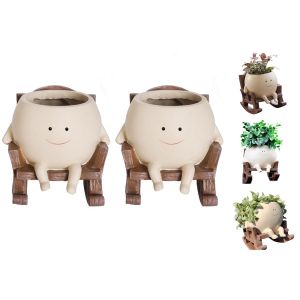 Lot De 2 Pots De Fleurs En R&eacute;sine &Agrave; Motif Smiley Pour Plantes Grasses, Design Rocking-Chair, Pour Int&eacute;rieur Et Ext&eacute;rieur - Neuf