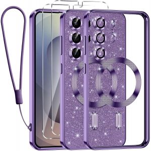 SJZG-Glitter Magn&eacute;tique Pour Samsung Galaxy S25 Ultra 5G Con Cordon, [Compatible Avec Magsafe] Antichoc Brillant Paillet&eacute; Housse Coque Pour Samsung S25 Ultra Avec 2 Verre Tremp&eacute; &Eacute;tui, Violet - Neuf