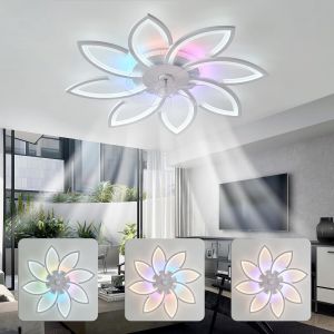 SUBZONAL-87CM Blanc Fleur Ventilateur De Plafond Avec Lumi&egrave;re RGB Dimmable Lampe Ventilateur Plafond Silencieux Avec T&eacute;l&eacute;commande/APP Moteur DC 6 Vitesses Pour Chambre Salon Moderne Design - Neuf
