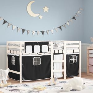 Vidaxl Lit Mezzanine Enfants Et Rideaux Blanc/Noir 90x200cm Pin Massif - Neuf
