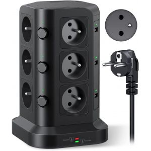 12 Prises 2P+T de Type-E (France) Tour Multiprise avec 6 Ports USB(4000W/16A), Multiprise Electrique parafoudre et surtension, 3 Interrupteur Individuel, 2M C&acirc;ble, Blanc - Neuf