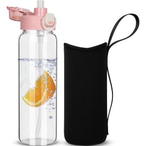 Eryi-0.8l Gourde En Verre Avec Paille, 800ml Bouteille D'eau En Verre Borosilicaté Anti-Fuite Avec Étui De Protection En Néoprène - Neuf