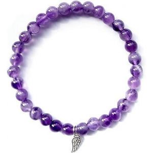 Bracelet Am&eacute;thyste Naturelle 16.5 17.78cm Avec Argent Sterling 925 Ange Aile Croix Quatre Feuilles Tr&egrave;fle Coeur Caoutchouc Charme 6mm Perle Gu&eacute;rison - Neuf