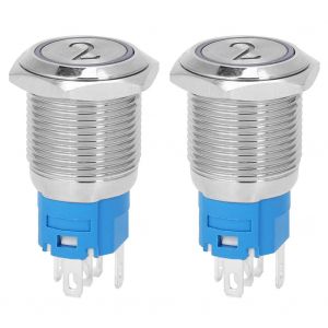 Lot de 2 interrupteurs a bouton-poussoir plats en metal a reinitialisation automatique, 5 broches, avec voyant et symbole numero 2, 16 mm, 220 V CA, blanc - Neuf
