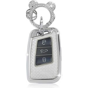 Coque de Clé de Voiture pour VW¿Accessoire Voiture Compatible avec VW Volkswagen Golf 7 Tiguan T-ROC T-Cross Polo Seat Ateca Ibiza Leon Skoda Octavia Fabia Kamiq¿Keyless¿Smart Key (Argent) - Neuf