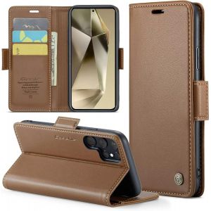 Kal-Coque Pour Samsung Galaxy S24 Ultra+ 2 Pièces Verre Trempé,Antivol,Prend En Charge Le Chargement Sans Fil, Pochette Fermeture Magnétique Flip Case-Marron - Neuf