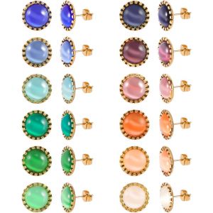 Kal-Lot De 12 Paires De Boucles D'oreilles &Agrave; Tige En Acier Inoxydable Chirurgical Plaqu&eacute; Or 18 Carats Avec Pierre Pr&eacute;cieuse Multicolore Pour Femme - Neuf