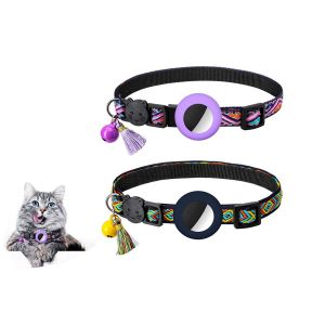 Collier Pour Chat Ajustable (Lot De 2) Avec Porte-&Eacute;tiquette Airtag Et Clochette, Motif G&eacute;om&eacute;trique, Convient Aux Tours De Cou De 22 &Agrave; 34 Cm. - Neuf