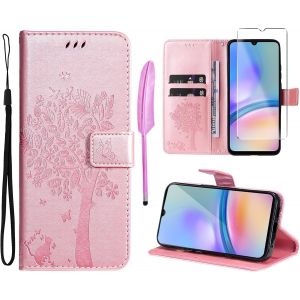 Sansh-- Coque Pour Samsung Galaxy A05s [1x Verre Trempé] Étuis Rabat Folio Protection Housse Cuir Pu Portefeuille Silicone [Fermeture Magnétique][Emplacements Cartes][Stand Feature] - Rose - Neuf