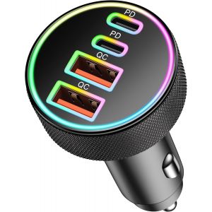 JGD-90W Chargeur Allume Cigare USB C, 4-Ports Double 45W USB-C/A, PD/QC Prise 12V Rapide Chargeur Voiture pour iPhone 17 Air16 15 14 13 12 11, Samsung Galaxy S25/S24/S23/Ultra, Google Pixel 9/8/7 - Neuf