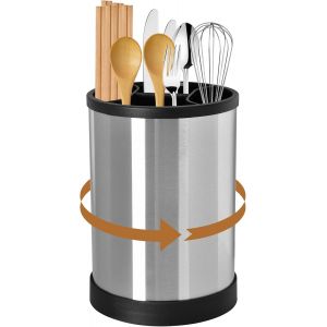 Mevronisshop-Pot Ustensiles Cuisine Pivotant &Agrave; 360&deg;, Porte Ustensiles Avec 4 Compartiments, Grand Rangement Ustensiles Cuisine En Acier Inoxydable, Avec Base De Drainage, Noir, 17*12*12 Cm - Neuf