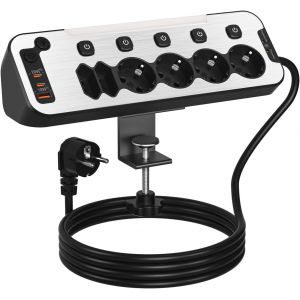 JEXNOVASHOP-Multiprise de Bureau 6 Prises,Bloc Prise de Table avec USB C,Multiprise Parafoudre et Surtension avec Support de Bureau Fixable en Aluminium,Charge Rapide PD 20W Prise Multiple d&iquest;Angle,2M - Neuf
