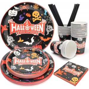 TRAHOO-125 pi&egrave;ces Vaisselle pour f&ecirc;te d'Halloween, assiettes en papier noires, serviettes, gobelets et pailles, vaisselle jetable pour d&eacute;corations d'Halloween, pour 25 personnes - Neuf
