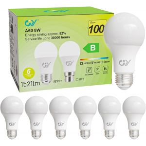 Ampoule Led E27 Classe B,8 W (Équivalent 100w),1521 Lumens 4000k Blanc Neutre,A60 Ampoules E27 Led Efficacité Energétiqu,Non-Dimmable,6 Unité (Lot De 1) - Neuf