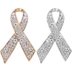 Kjdal-2 Pi&egrave;ce Broches Ruban De Sensibilisation Au Cancer Du Sein Avec Strass Broches De Cancer Du Sein En Alliage D'or Et D'argent Avec Ruban En Strass &Eacute;pinglette Pour V&ecirc;tements 4.6x3cm - Neuf