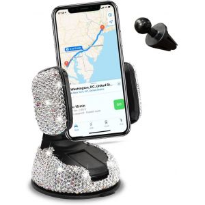 Kalanka-Bling Bling Support Telephone Voiture, Glitter Diamant Support De Téléphone Portable À Ventouse Pour Voitures, Support De Téléphone Universel Réglable À En Cristal Pour Voiture(Blanc) - Neuf