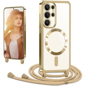 Kal-Coque Avec Cordon Pour Samsung Galaxy S25 Ultra 5g, Coque Magnétique De Cellulaire Corde Transparent Silicone Étui En Galvanisé Avec Réglable Collier Téléphone Chaîne Lanyard Housse, Or - Neuf