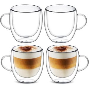 Lot De 4 Tasses À Café En Verre À Double Paroi De 250 Ml Avec Poignée, Tasses À Cappuccino, Tasses Isothermes En Verre Transparent Pour Latte, Américain, Boissons Chaudes, Thé, Lait, Jus, Crème Glacé - Neuf