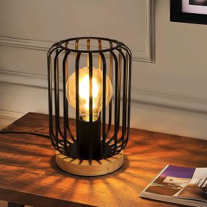 Lampe De Bureau Vintage, Lampe De Chevet Chambre Cage Pour Ampoule E27, Noir Lampe De Table Bois & Métal Pour Chambre À Coucher, Salon, Salle À Manger, L'étude, Bureau 60w Máx - Neuf