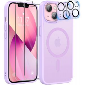 5 In 1 Coque Pour Iphone 13 Aimant&eacute;e Avec 2 Verres Tremp&eacute;s Et 2 Cam&eacute;ra Protecteur Compatible Magsafe Dos Anti Rayures Coque Magn&eacute;tique Antichoc Tpu Bumper 6,1`` Case (Violet Clair) - Neuf