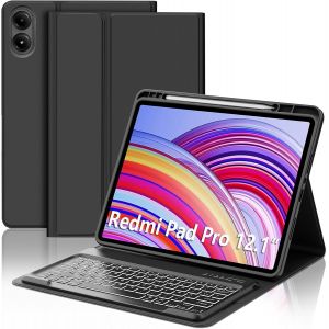 Coque Clavier Pour Redmi Pad Pro 12.1"" 2024/Xiaomi Poco Pad 12.1"", Azerty Français Clavier Rétroéclairé Bluetooth Magnétique Détachable Avec Fente Pour Stylo Pour Tablette Xiaomi Redmi Pad Pro, Noir - Neuf