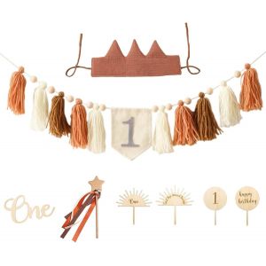 Kit D&eacute;coration Anniversaire 1 An Y Compris Couronn,Banni&egrave;res,Baguette Magique,Ornements En Bois - Accessoires De Photo,Parfait Pour F&ecirc;te D'anniversaire Inoubliable Pour Filles Et Gar&ccedil;ons- Marron - Neuf