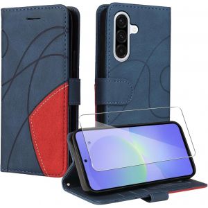 JGD-Coque pour Samsung Galaxy A36 5G avec 1 Pi&egrave;ces Protection &Eacute;cran en Verre Tremp&eacute;, Couleur Combinaison (Bleu et Rouge) PU Cuir Flip Portefeuille Housse &Eacute;tui pour Samsung Galaxy A36 5G - Neuf
