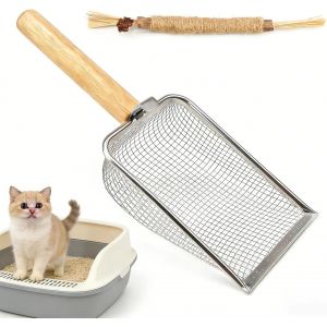 Kalanka-M&eacute;tal Pelle Litiere Chat, Acier Inoxydable Pelle Litiere, 6 Mailles Pelle &Agrave; Chat En M&eacute;tal, Avec Jouet Pour Chat, Manche En Bois Pelle A Crotte Chat, Pour Bac &Agrave; Liti&egrave;re Pour Chat - Neuf