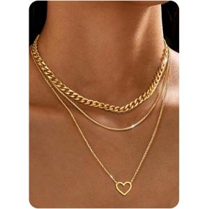 Kal-3pcs Collier Femme Acier Inoxydable Collier Coeur Chaine Argent Femme Plaqué Or 14k Collier Réglable Cz Coeur Pendentif Kette Bijoux - Avec Boîte À Bijoux - Neuf