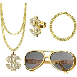 Kal-Chaine Or Homme De Dollar, 4 Pi&egrave;ces Kit De Hip Hop Cha&icirc;ne Bague Bracelet, Or Collier Homme Rappeur Punk, 80s 90s Accessoires D&eacute;guisement Pour Carnaval Concerts Party Carnaval F&ecirc;te - Neuf