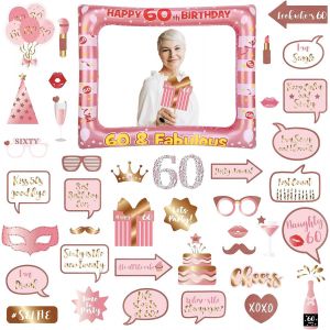 Sjzg-Photobooth 60 Ans,34pcs Kit Photobooth Anniversaire,Rose Or Photobooth Anniversaire,Rose Or Photobooth Anniversaire Avec Cadre Photo 60 Ans,Photobooth Props Accessoires De Selfie D&eacute;coration - Neuf