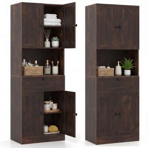 COSTWAY Armoire de Salle de Bains avec 4 Portes, 1 Tiroir, Compartiment Ouvert, &Eacute;tag&egrave;re R&eacute;glable, pour Salon, Cuisine, Marron - Neuf