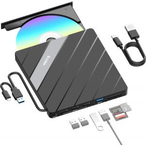 Lecteur de CD/DVD Externe, Graveur de CD/DVD +/-RW USB 3.0 et USB-C pour Ordinateur Portable, avec Lecteur de Cartes SD/Micro SD et hub 8 en 1, Compatible avec Mac, PC, Windows et Linux - Neuf