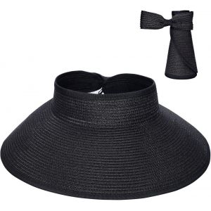 Chapeau Pare-Soleil En Paille À Large Bord Pour Femme, Pliable, Avec Visière Uv Réglable Et N?ud Papillon (Noir) - Neuf