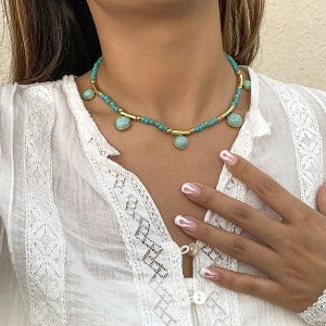 Collier Pendentif Boh&egrave;me Turquoise 2 Pi&egrave;ces - Cha&icirc;ne Ras Du Cou R&eacute;glable Vintage Pour Femme (2 Pi&egrave;ces) - Neuf