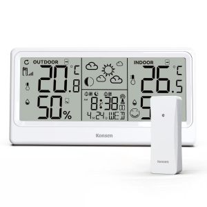 ChenQuanSarl-Station Météo Radio Avec Capteur Extérieur D , Horloge Radio-Pilotée, Thermomètre Numérique, Hygromètre, À Piles, Pour L'Intérieur Et L'Extérieur, Avec Prévisions Météorologiques, Blanch - Neuf